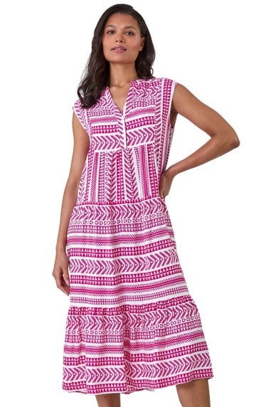 Roman Pink Aztec Print Tiered Midi Smock Dress