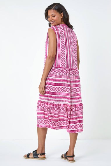 Roman Pink Aztec Print Tiered Midi Smock Dress