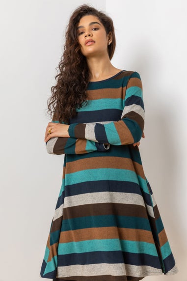 Roman Teal Stripe Print Pocket Swing Dress