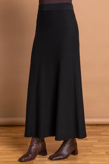 Roman Black Plain Elastic Waist Knitted A Line Midi Skirt