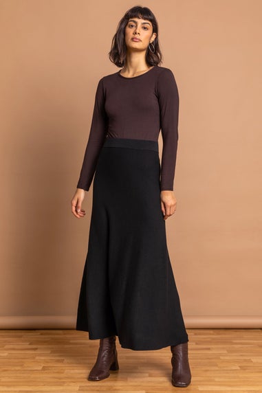 Roman Black Plain Elastic Waist Knitted A Line Midi Skirt