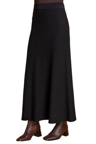 Roman Black Plain Elastic Waist Knitted A Line Midi Skirt