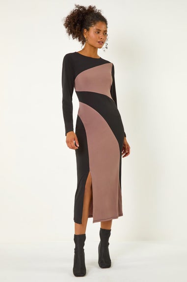 Dusk Black Colour Block Stripe Stretch Midi Dress