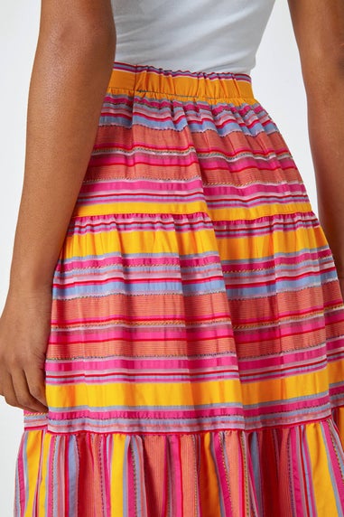 Roman Fushcia Tiered Striped Elastic Waist Maxi Skirt