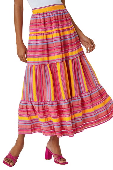 Roman Fushcia Tiered Striped Elastic Waist Maxi Skirt