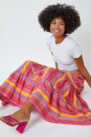 Roman Fushcia Tiered Striped Elastic Waist Maxi Skirt