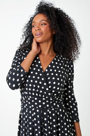 Roman Petite Black Petite Polka Dot Midi Stretch Dress