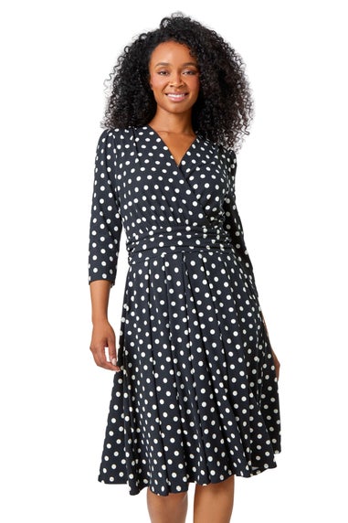 Roman Petite Black Petite Polka Dot Midi Stretch Dress