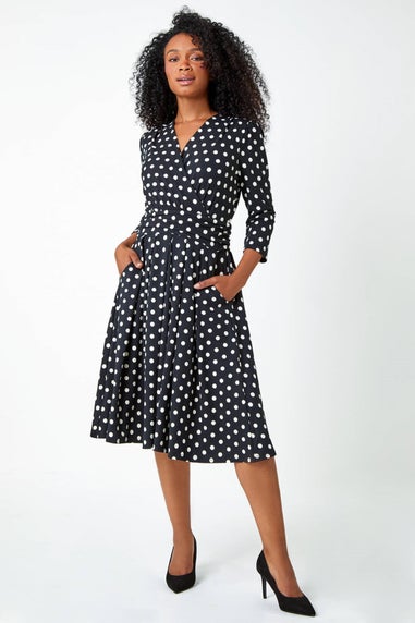 Roman Black Petite Polka Dot Midi Stretch Dress