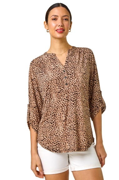 Roman Beige Animal Print Stretch Blouse