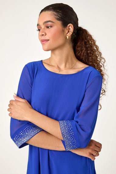 Roman Ink Blue Sparkle Embellished Cuff Chiffon Top