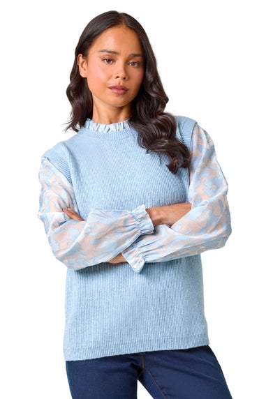 Roman Light Blue Petite Floral Print 2 in 1 Knit Jumper