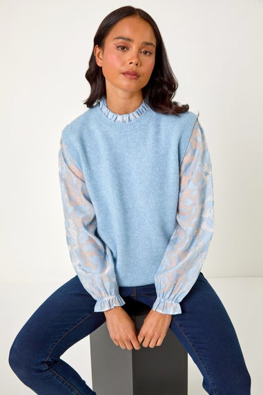 Roman Light Blue Petite Floral Print 2 in 1 Knit Jumper