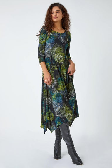 Roman Green Floral Hanky Hem Stretch Midi Dress