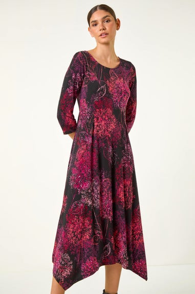 Roman Burgundy Foliage Hanky Hem Midi Dress