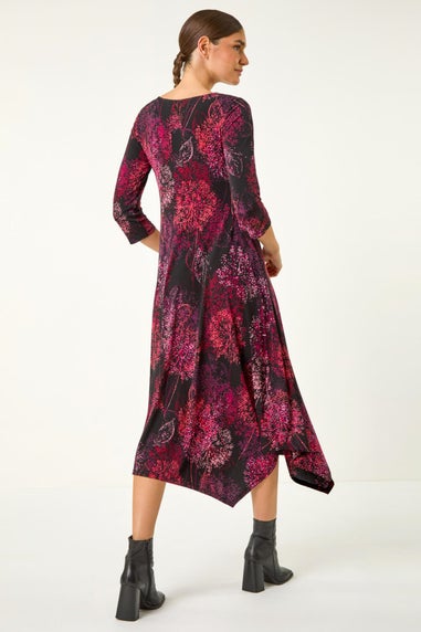 Roman Burgundy Foliage Hanky Hem Midi Dress