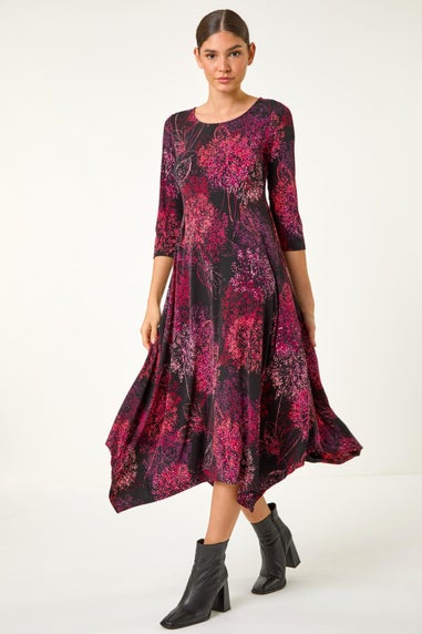 Roman Burgundy Foliage Hanky Hem Midi Dress