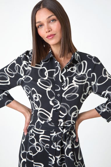 Roman Black Abstract Circle Print Midi Shirt Dress