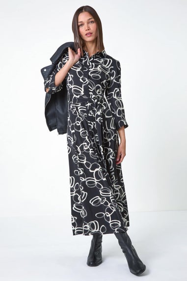 Roman Black Abstract Circle Print Midi Shirt Dress