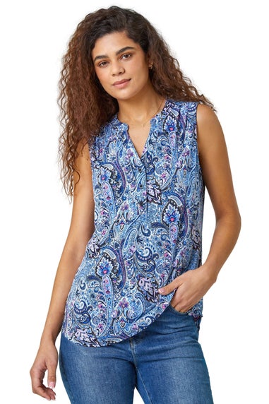 Roman Blue Paisley Print Sleeveless Stretch Top