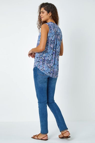 Roman Blue Paisley Print Sleeveless Stretch Top