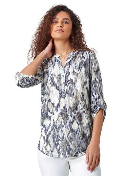 Roman Grey Textured Animal Print V-Neck Stretch Shirt