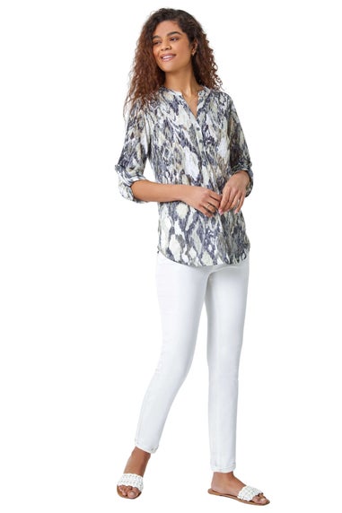 Roman Grey Textured Animal Print V-Neck Stretch Shirt