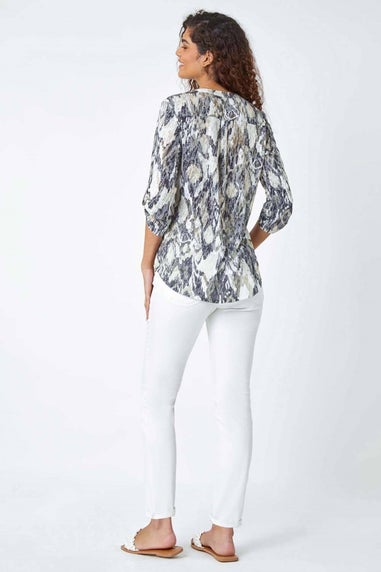 Roman Grey Textured Animal Print V-Neck Stretch Shirt