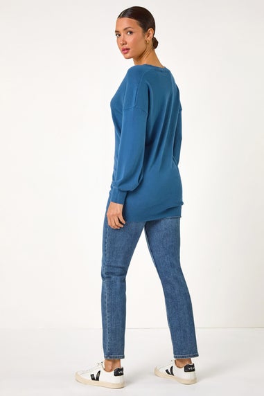 Roman Petrol Blue Plain V-Neck Stretch Jumper