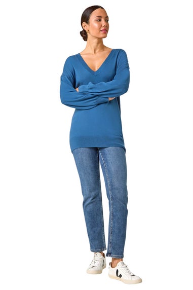 Roman Petrol Blue Plain V-Neck Stretch Jumper