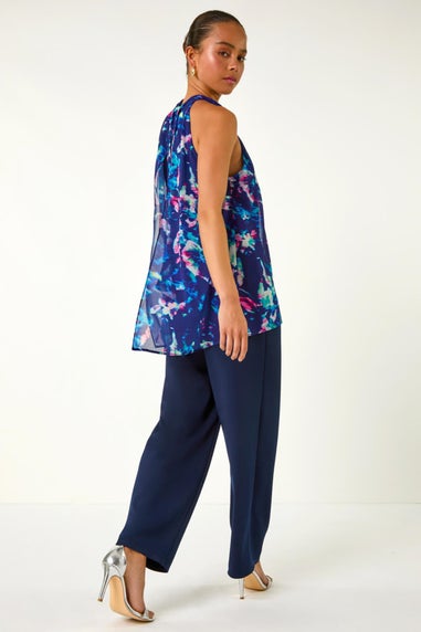 Roman Navy Petite Abstract Halter Neck Overlay Jumpsuit