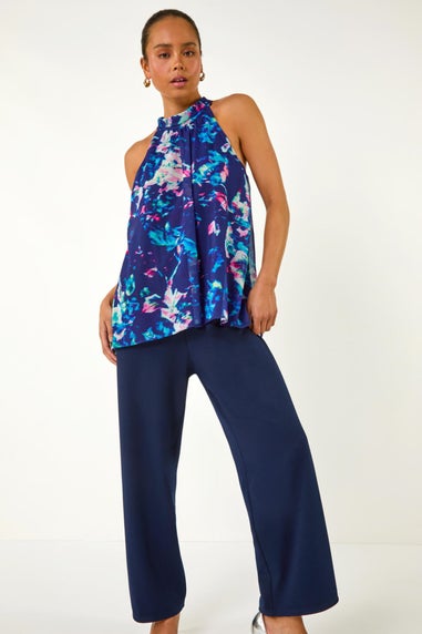 Roman Navy Petite Abstract Halter Neck Overlay Jumpsuit