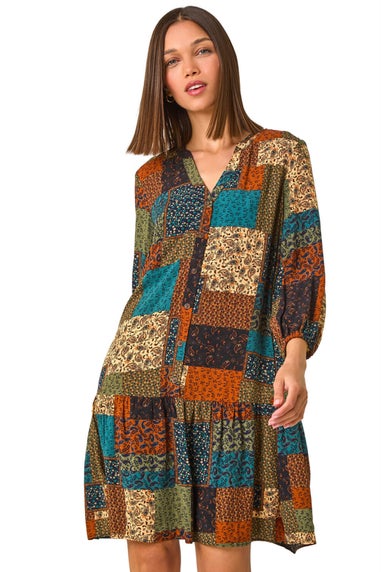 Roman Dark Green Paisley Patchwork Print V Neck Smock Dress