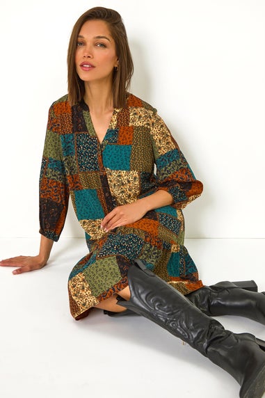 Roman Dark Green Paisley Patchwork Print V-Neck Smock Dress