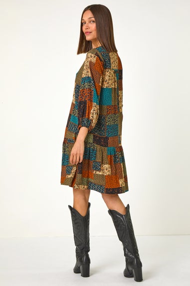 Roman Dark Green Paisley Patchwork Print V Neck Smock Dress