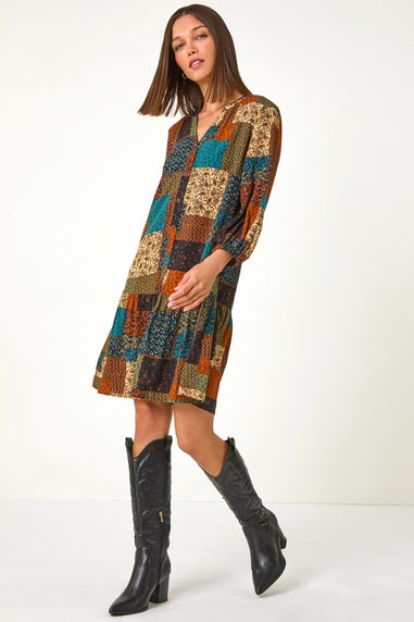 Roman Dark Green Paisley Patchwork Print V Neck Smock Dress