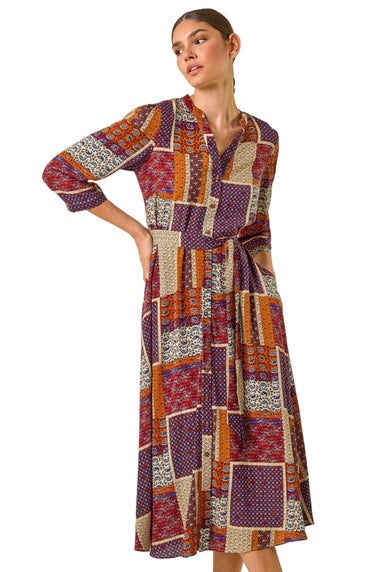 Roman Burgundy Patchwork Midi Shirt Dress