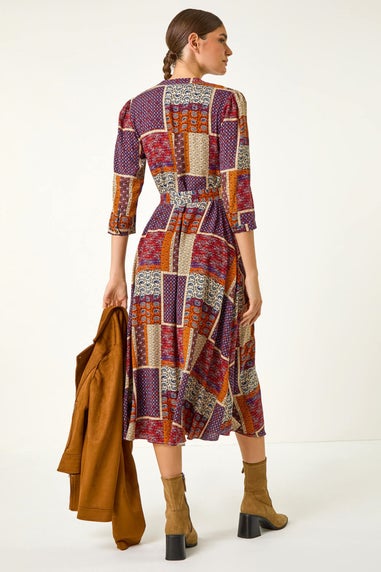 Roman Burgundy Patchwork Midi Shirt Dress