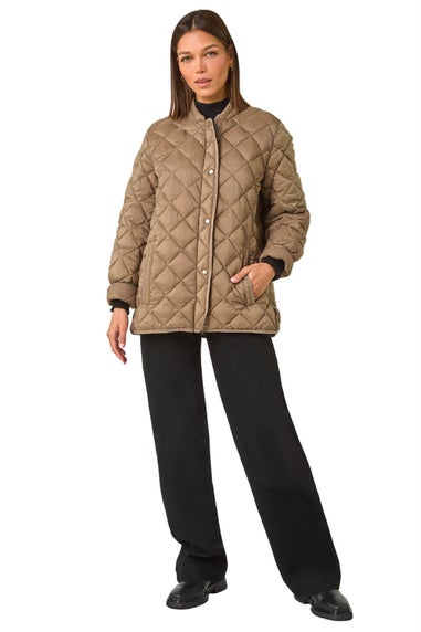 Roman Taupe Diamond Quilted Funnel Coat