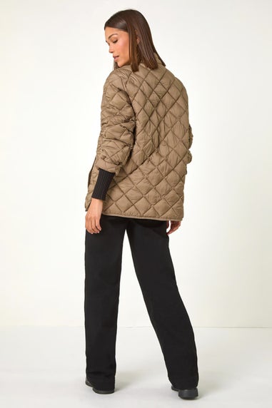 Roman Taupe Diamond Quilted Funnel Coat