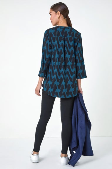 Roman Blue Geometric Print Stretch Blouse