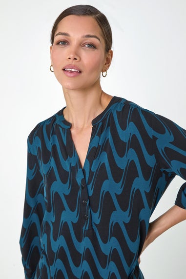 Roman Blue Geometric Print Stretch Blouse