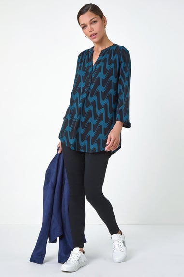 Roman Blue Geometric Print Stretch Blouse