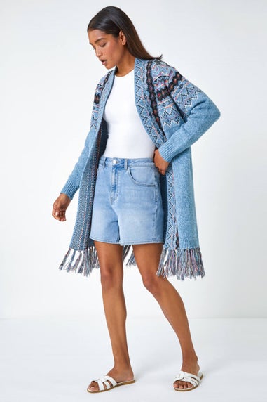 Roman Light Blue Fringed Hem Longline Cardigan