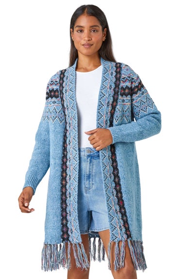 Roman Light Blue Fringed Hem Longline Cardigan