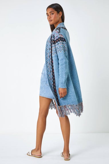 Roman Light Blue Fringed Hem Longline Cardigan