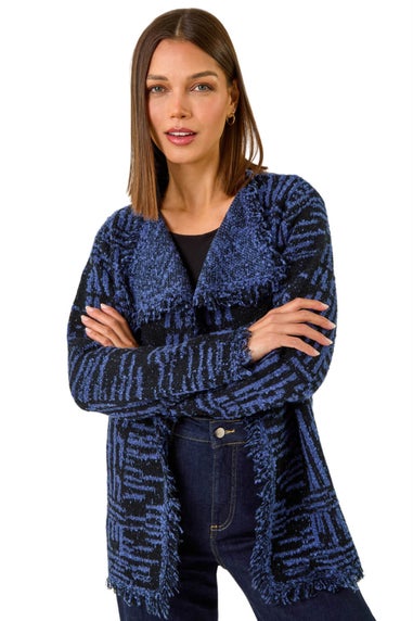 Roman Denim Blue Textured Fringe Collar Detail Cardigan