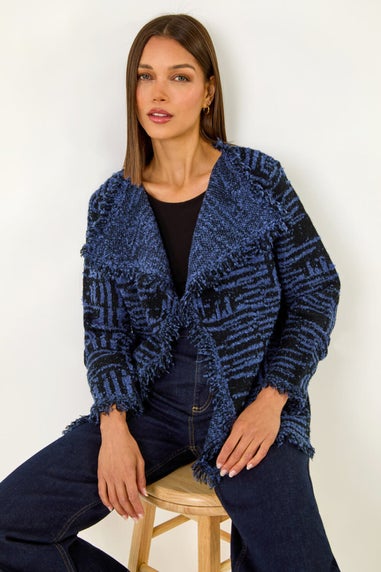 Roman Denim Blue Textured Fringe Collar Detail Cardigan