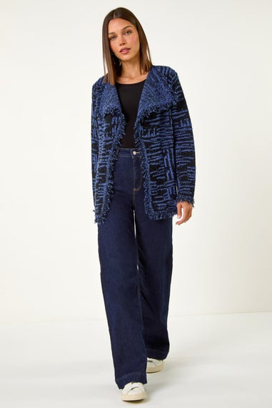 Roman Denim Blue Textured Fringe Collar Detail Cardigan