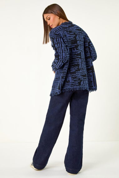 Roman Denim Blue Textured Fringe Collar Detail Cardigan